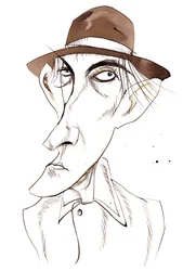 Peter Cook, actor y escritor de comedia inglés, caricaturizado como el personaje E